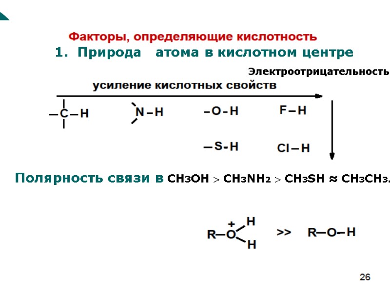 1.  Природа   атома в кислотном центре Полярность связи в CH3OH 